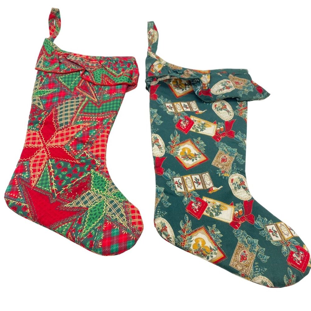 Set Of 2 Fabric Christmas Stockings Holiday Festive Prints Red Green Plaid